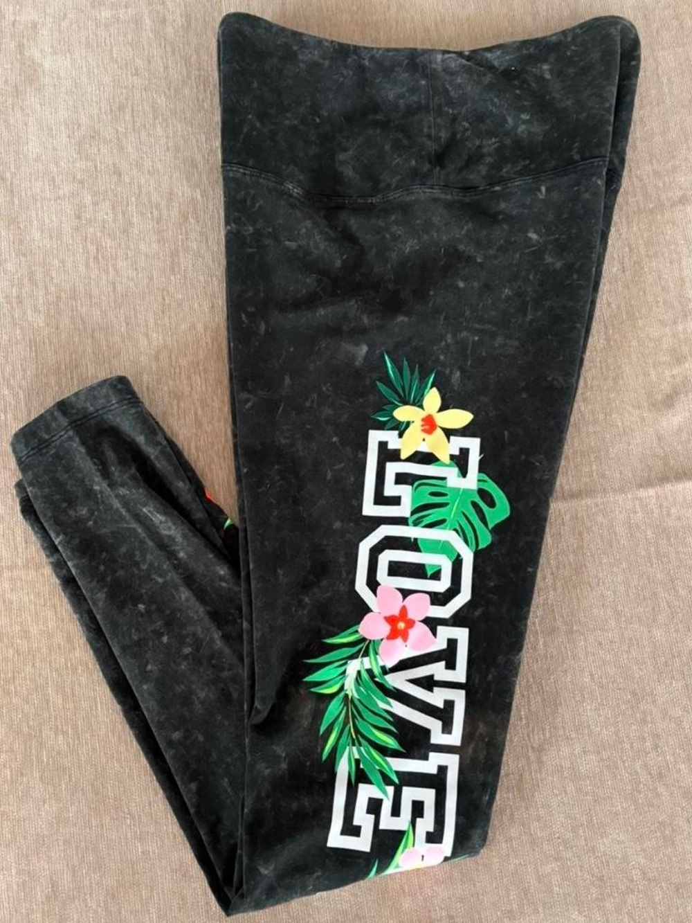 Victorias Secret PINK Acid Wash Tropical Floral Logo Leggings Charcoal Grey S